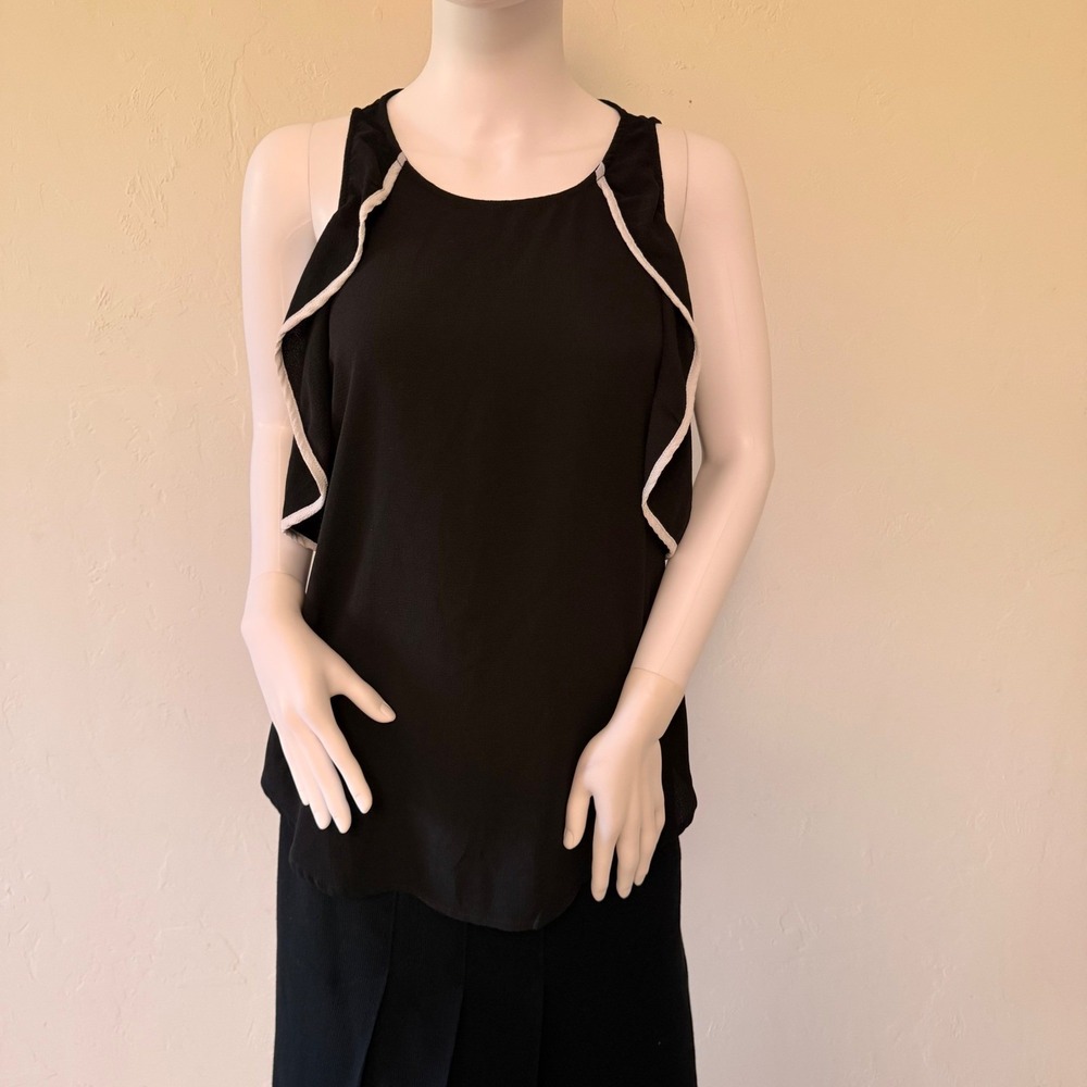 NWT Neiman Marcus Women's Black Ruffle Trim Sleeveless Blouse Top Size L